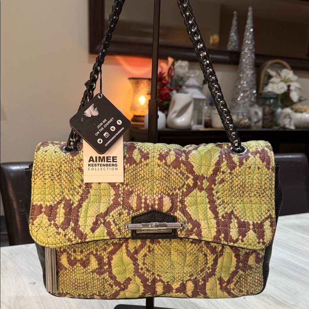 Aimee Kestenberg Lime and Brown Snake Print Shoulder Bag